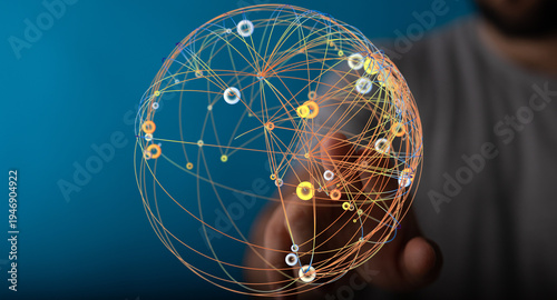 Abstract futuristic globe network in a person's hand, representing global connectivity and data communication.