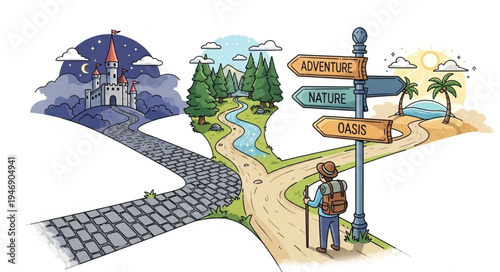 Man at crossroads with signs.