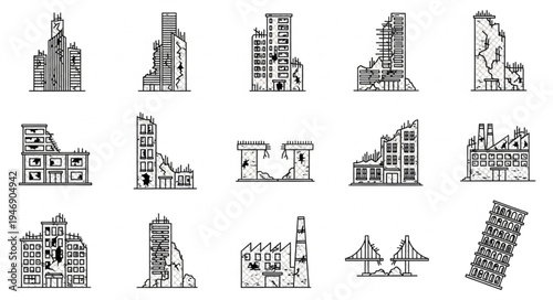 Collection of Distressed Urban Buildings and Infrastructure Sketches.