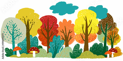 A colorful illustration depicts a whimsical forest scene with trees and mushrooms