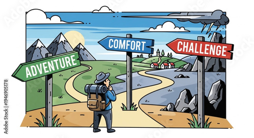 Man at crossroads with signs.