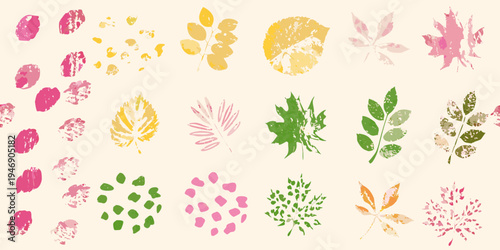 Colorful leaf prints arranged in a playful scattered composition
