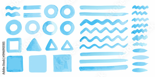 Watercolor shapes and brushstrokes in shades of blue on white
