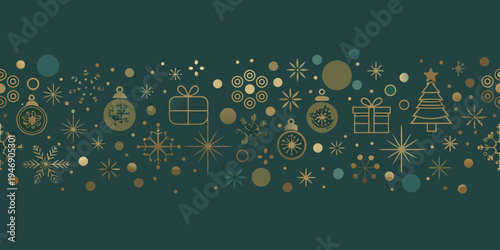 Festive holiday pattern featuring gold ornaments and christmas tree shapes