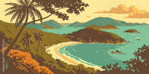 USA, US, U.S, United States - Virgin Islands National Park Caribbean Beach Sunset Panorama | Turquoise Water Tropical Island Landscape Wall Art Poster | USA Coastal Paradise Scenic Print