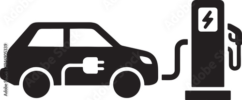 Electric car charging at a station, symbol of clean energy transportation and future mobility flat design vector illustration