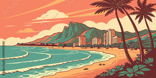 USA, US, U.S, United States - Waikiki Beach Tropical Sunset Panorama with Palm Trees and Turquoise Waves | Vibrant Island Travel Poster Wall Art | Hawaii USA Coastal Scenic Print