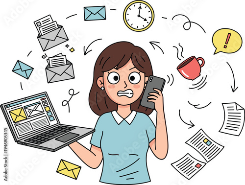 Busy woman multitasking with phone and laptop, stressed office worker managing emails and tasks, productivity overload cartoon illustration