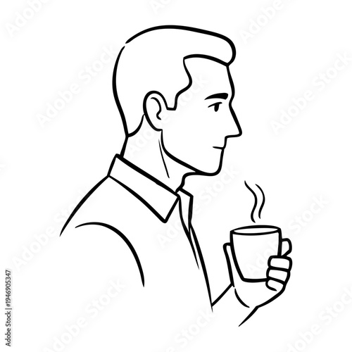 Dibujo sencillo con líneas de un hombre con ropa informal de pie sujetando una taza de café humeante con la mano