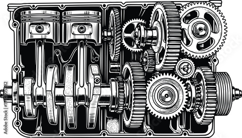 Internal Combustion Engine Cutaway with Pistons and Gears Hand Drawn Vector Illustration