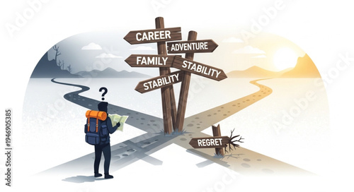 Man at crossroads with signs.