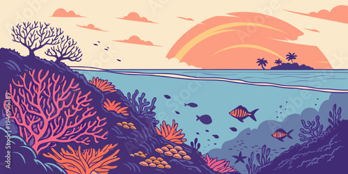 USA, US, U.S, United States - Biscayne National Park Sunset Panorama – Coral Reef Waters and Tropical Marine Landscape in the United States