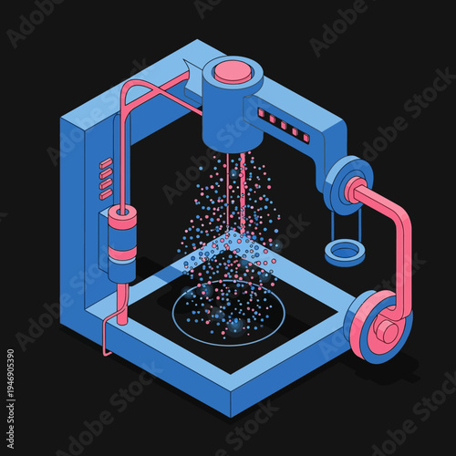 Isometric illustration of a 3D printer in operation, creating a circular object with precision.