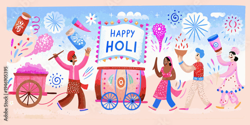 Celebratory illustration of people enjoying the vibrant hindu festival of holi