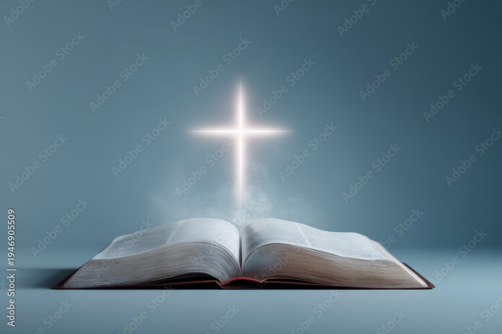 Naklejka premium Open bible glowing cross spiritual faith radiant cross hovering above book pages with soft mist evoking holiness and serenity