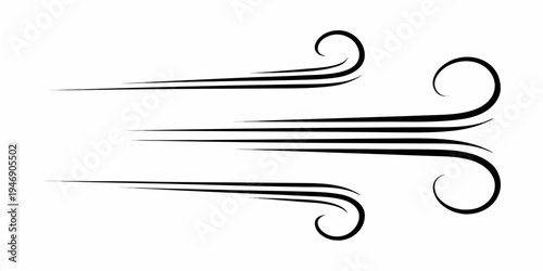 Stylized black swirls depicting wind or motion on a white background