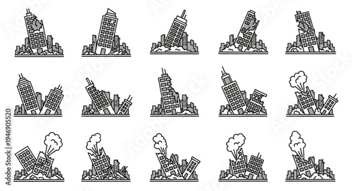 Various angles of a city skyline collapsing in a disaster.