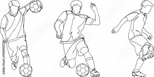 Line art illustration of three soccer players in dynamic action poses