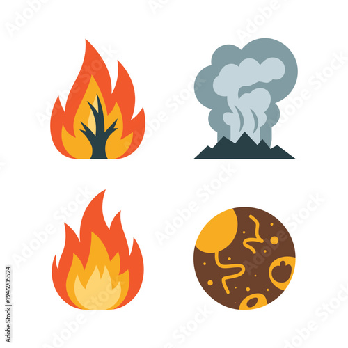 Wildfire flame, volcanic smoke eruption and burning fire hazard vector icon set