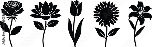 Flower silhouette collection, rose lotus tulip sunflower lily icons set, botanical floral nature vector illustration isolated design
