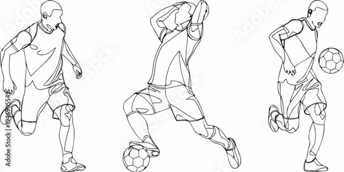 Sketch of three soccer players in dynamic action poses with a ball