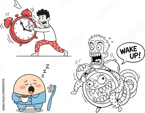 Funny wake up alarm clock cartoon set, sleepy morning character waking concept, tired person with coffee humorous illustration