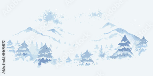Watercolor winter landscape featuring mountains pine trees and falling snow