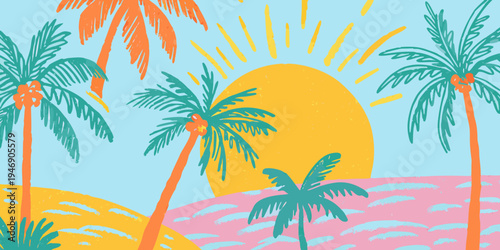 A vibrant illustration of palm trees and a setting sun over water