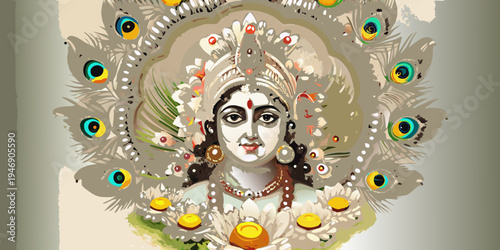 A vibrant painting of goddess durga with peacock feathers and lotuses