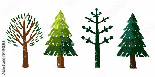 Four stylized evergreen and deciduous trees arranged in a row