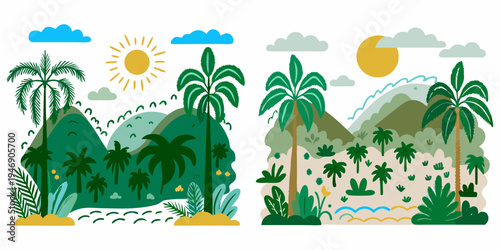 Two tropical island scenes with mountains palms and sunny skies