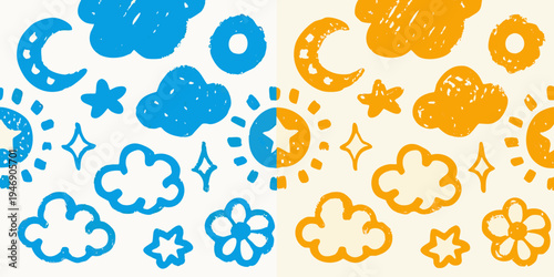 Colorful childlike drawings of moons stars and clouds fill the frame