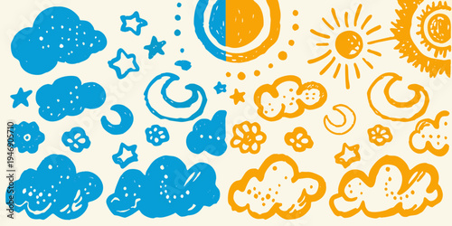Whimsical hand drawn illustration of celestial bodies and atmospheric elements