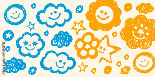 Colorful childlike drawings of smiling faces clouds flowers and stars