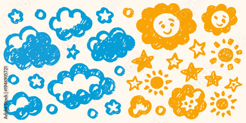 Child s drawing featuring colorful clouds flowers and stars