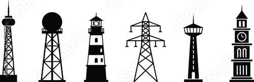 Tower landmark silhouette set, communication antenna lighthouse observation tower electricity pylon clock tower architecture vector illustration collection