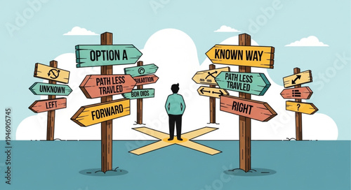 Man at crossroads with signs.