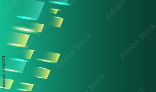 光のエフェクトと浮遊する幾何学オブジェクトが流れるモダンなグリーングラデーション抽象背景素材・未来的テクノロジーデザイン
