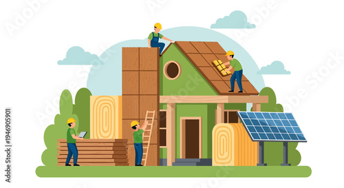 Construction Crew Building Eco Friendly House With Solar Panels. Vector Illustrations. EPS Editable