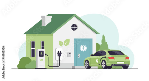 Cozy house with green roof and electric car. Vector Illustrations. EPS Editable