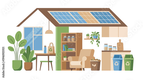 Cozy solar powered cluttered home workspace. Vector Illustrations. EPS Editable