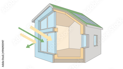 Cross Section of Energy Efficient House with Sunlight. Vector Illustrations. EPS Editable