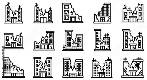Collection of Damaged Buildings Illustrations Depicting Destruction and Ruin.