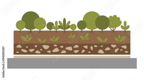 Cross Section Planter Illustration Soil Layers With Roots And Greenery. Vector Illustrations. EPS Editable
