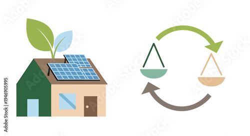 Eco Friendly Home Solar Panels With Recycling Arrows. Vector Illustrations. EPS Editable