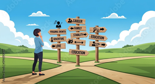 Man at crossroads with signs.