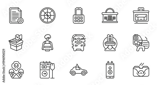 Collection of Line Art Icons Representing Various Concepts.