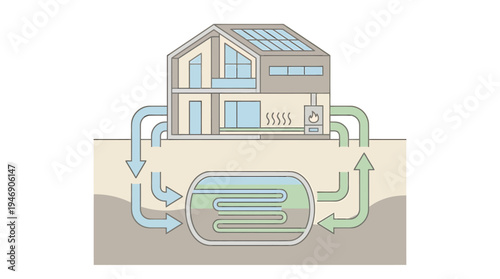 Geothermal Home Heating System Diagram Illustration. Vector Illustrations. EPS Editable