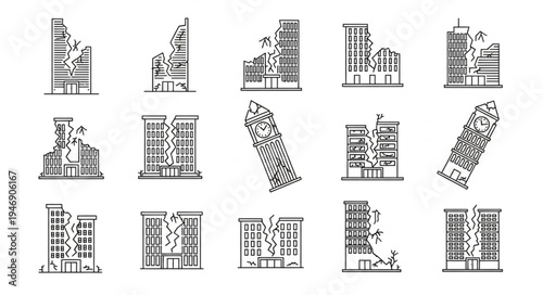 Damaged Buildings Illustration Set - Earthquake and Structural Failure.