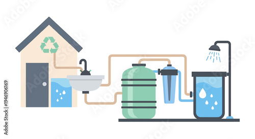 Home Water Filtration System Setup With Tank and Pipes. Vector Illustrations. EPS Editable